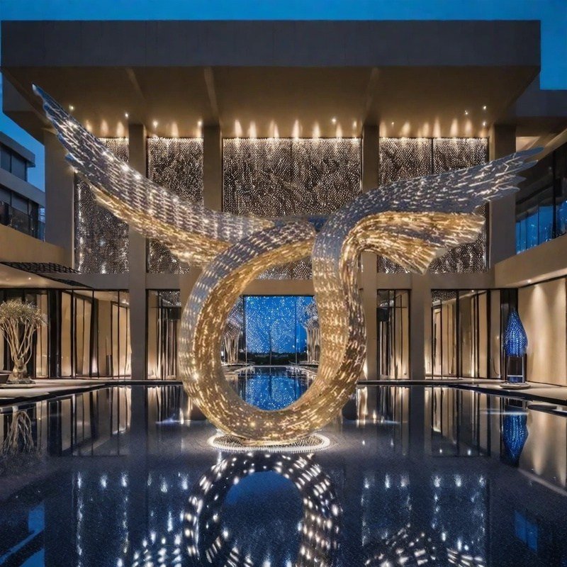 White Stainless Steel Abstract Wing Sculpture for Hotel Pool Decor