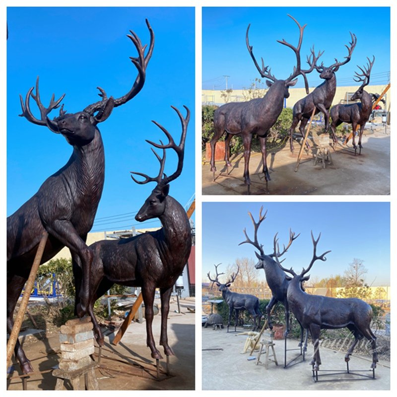 YouFine Three Bronze Deer Statues Finished Display