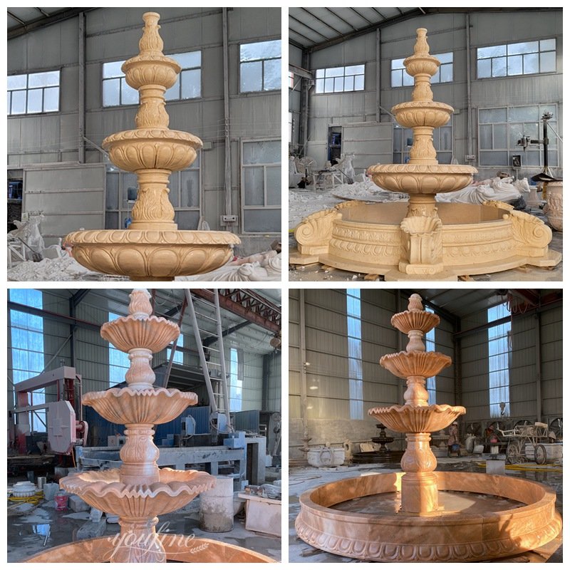 beige and sunset red classic tiered marble stone water fountain