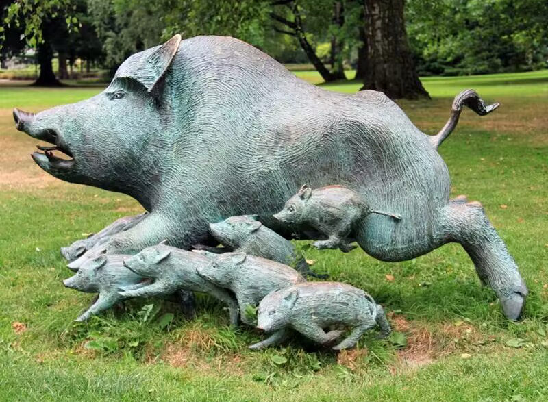 bronze boar family statue-