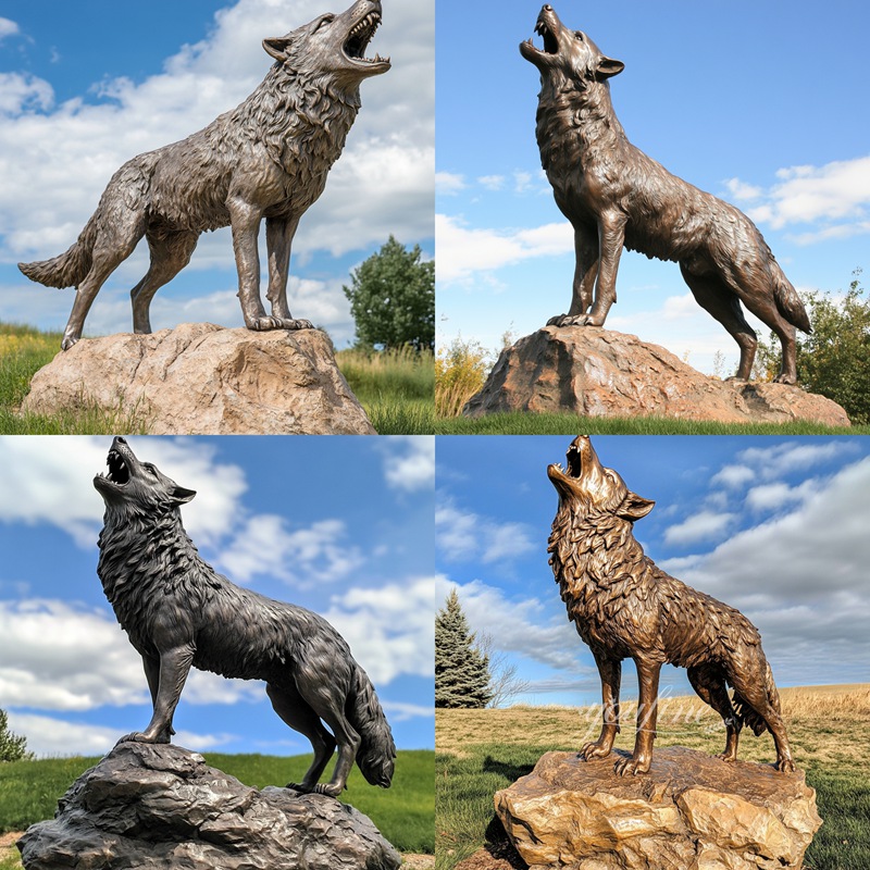 bronze howling wolf statue details