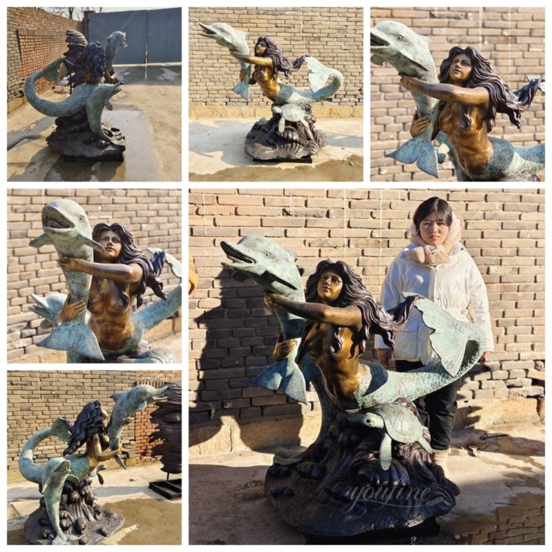 bronze mermaid sculpture with dolphins and a turtle details from You Fine factory