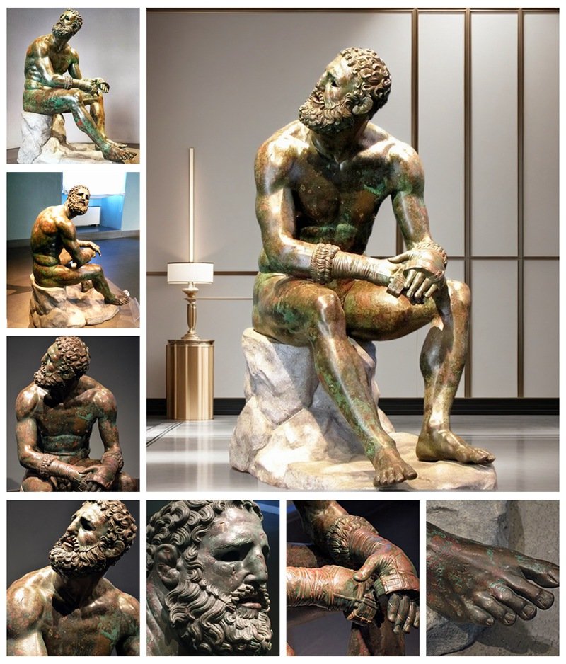 bronze seated boxer sculpture details