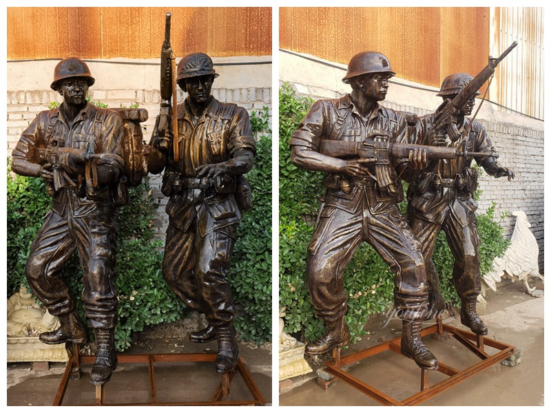 brown bronze double soldier sculpture