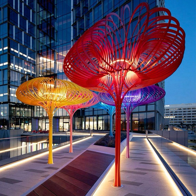 colorful stainless steel tree sculpture with lights for plaza decor