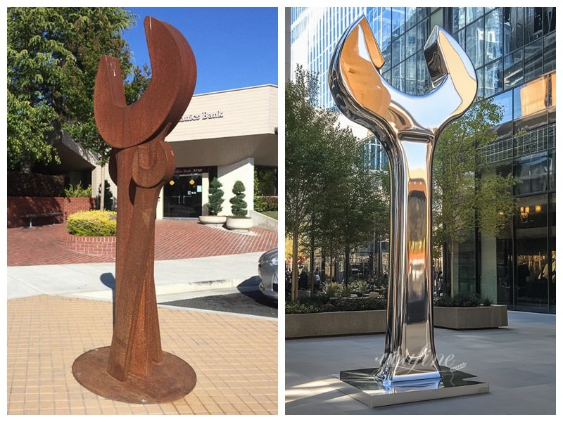 corten steel and polished stainless steel wrench sculpture