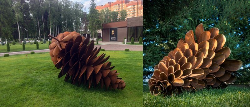 corten steel pine cone sculptures