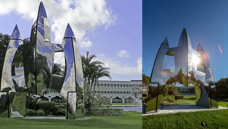 giant stainless steel rocket sculpture in South Florida