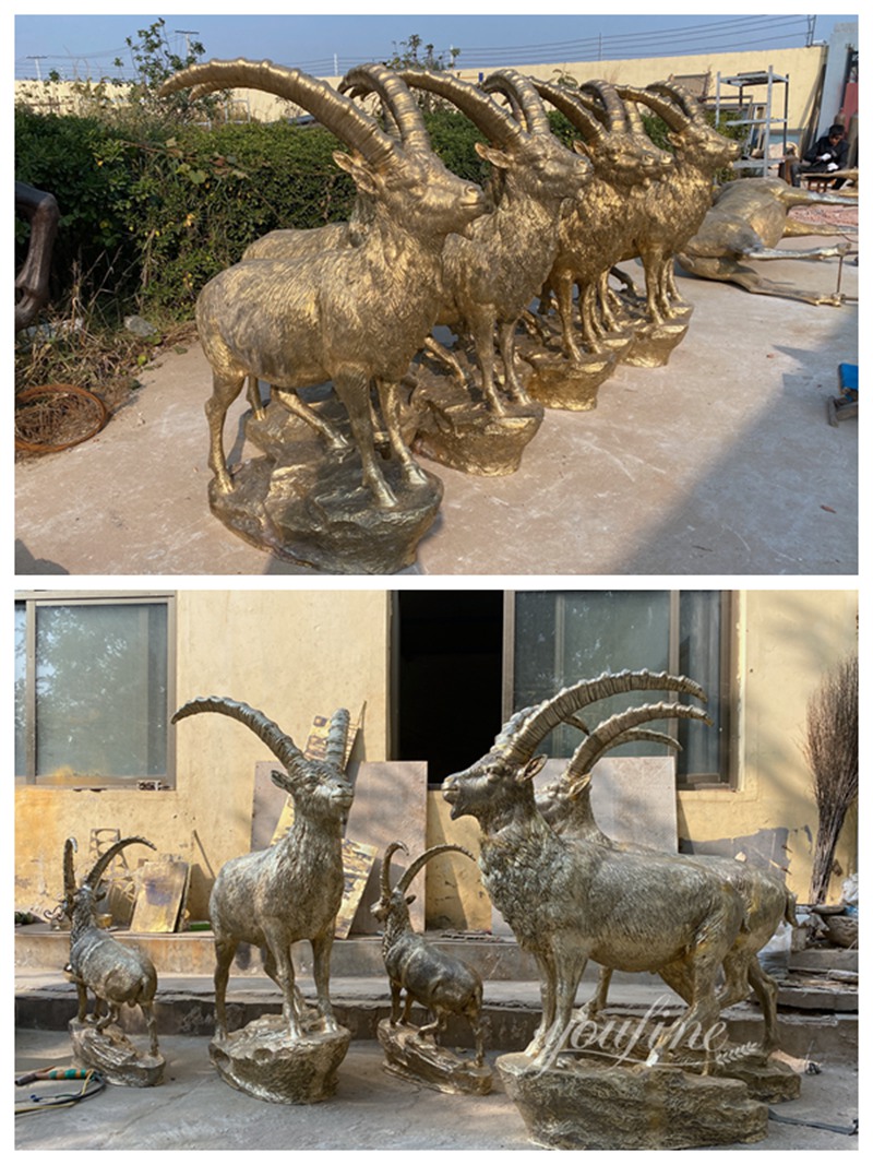 golden bronze ibex mountain goat sculpture