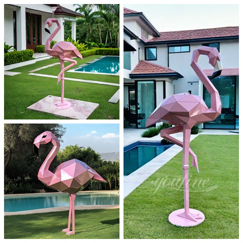 large pink metal flamingo details