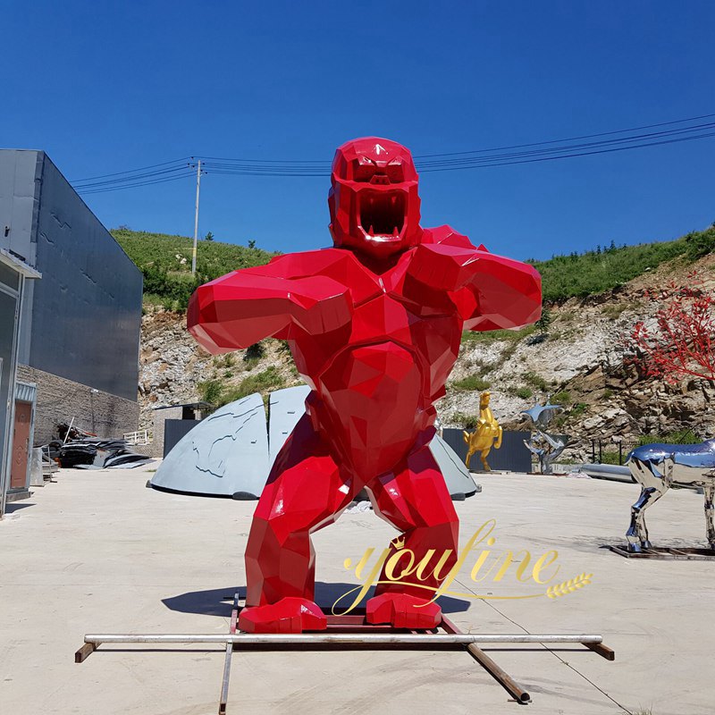 large stainless steel red gorilla statue