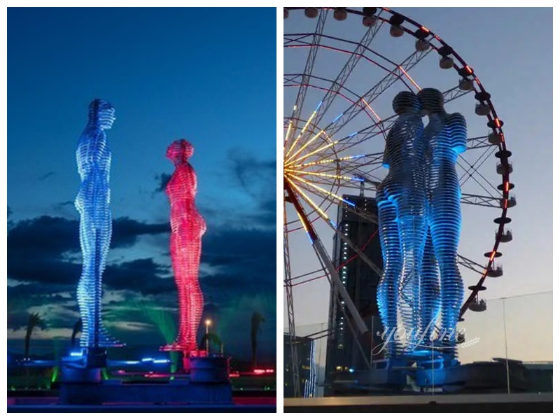 metal sculpture man and woman with light decor