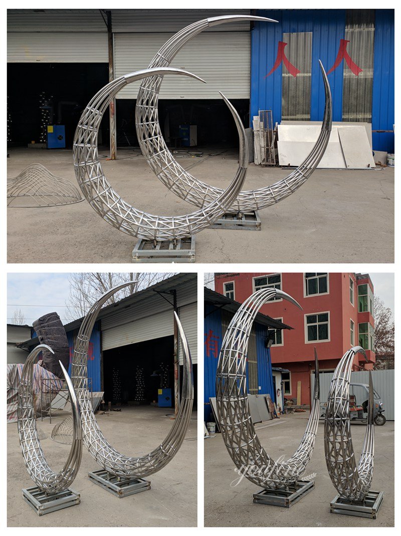 outdoor stainless steel hollow half-moon sculpture factory photo