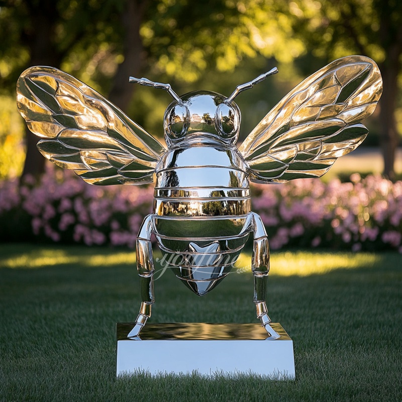 silver stainless steel metal bee sculpture