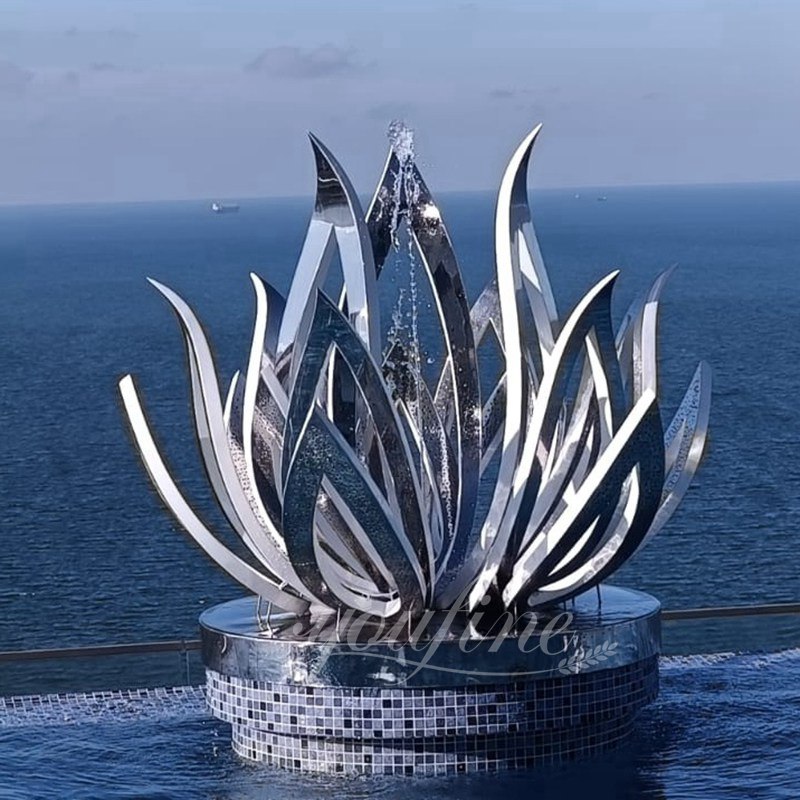 stainless steel metal lotus fountain sculptures in the seaside