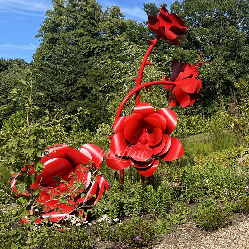 stainless steel rose flower sculptures in the garden