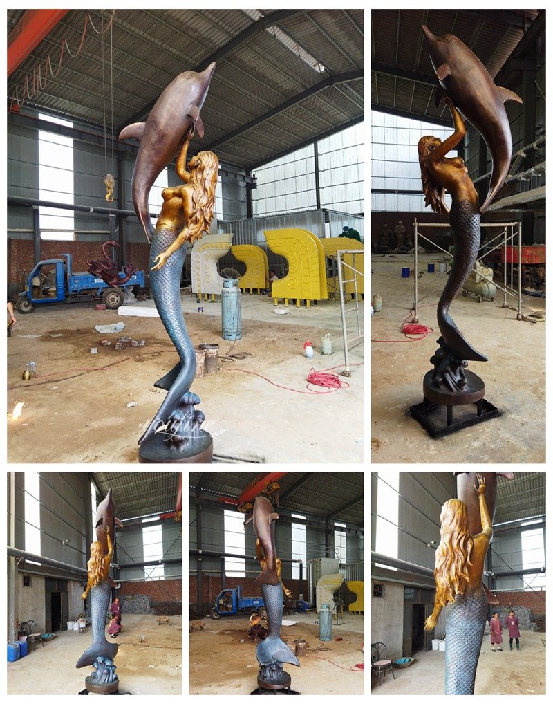 standing bronze mermaid and dolphin sculpture details from the YouFine factory