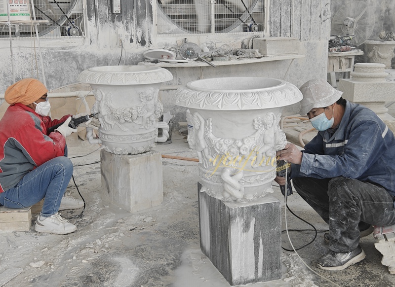 white marble flower pot carving process