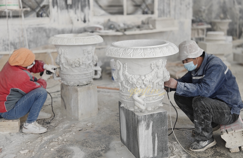 white marble flower pot carving process 