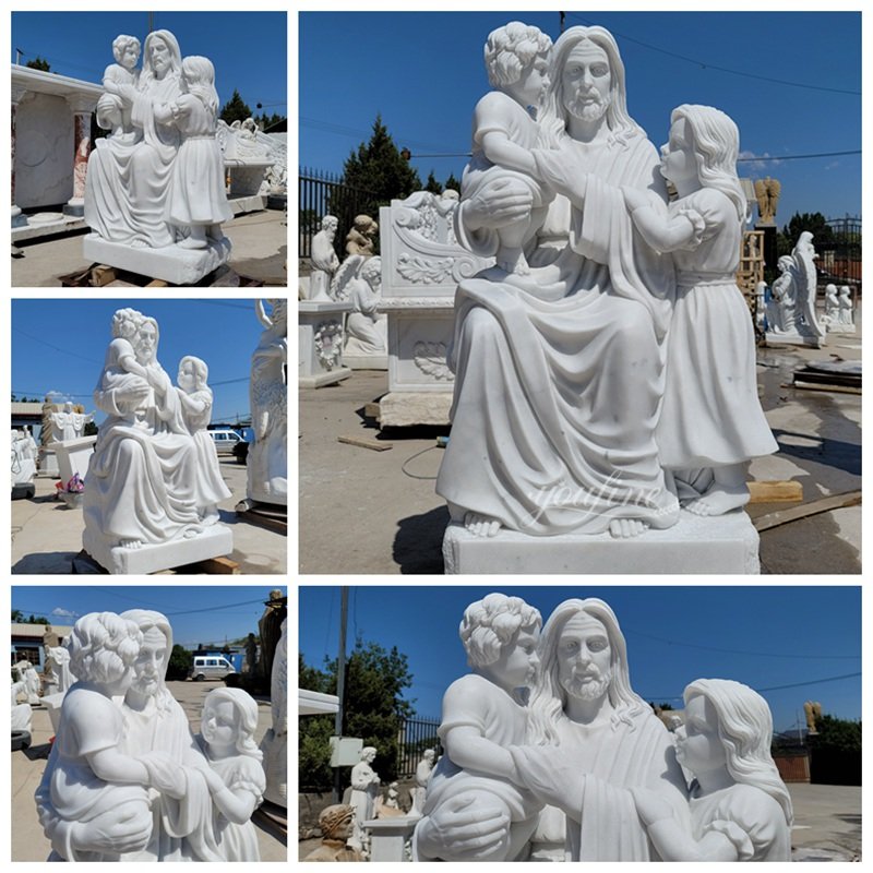 white marble jesus with children statue details